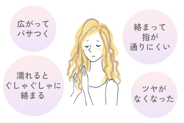 広がってパサつく、絡まって指が通りにくい、濡れるとぐしゃぐしゃに絡まる、ツヤがなくなった